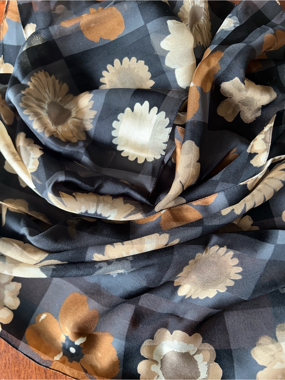 Black Floral Scarf with Cream and Brown Accents 13“ x 61“ multicolored